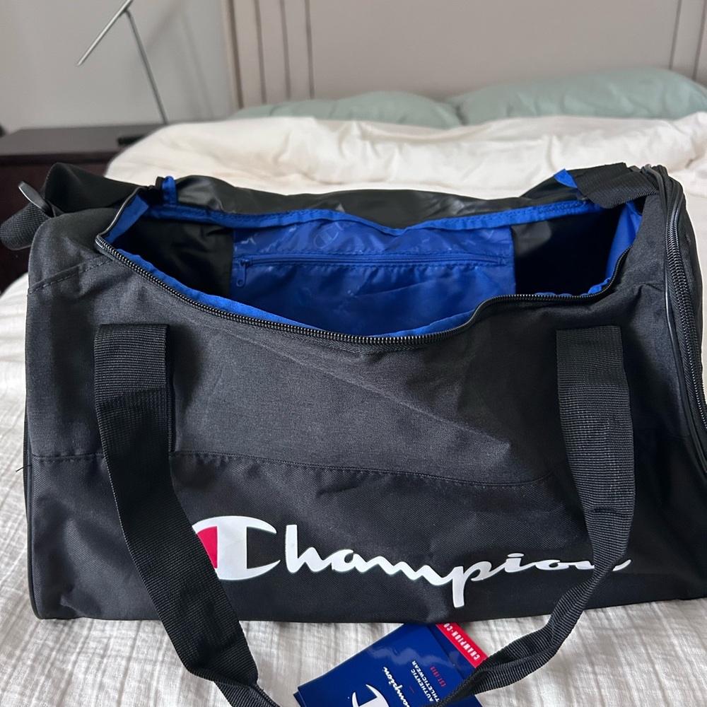 Champion Black Duffel Bag with Blue Interior
